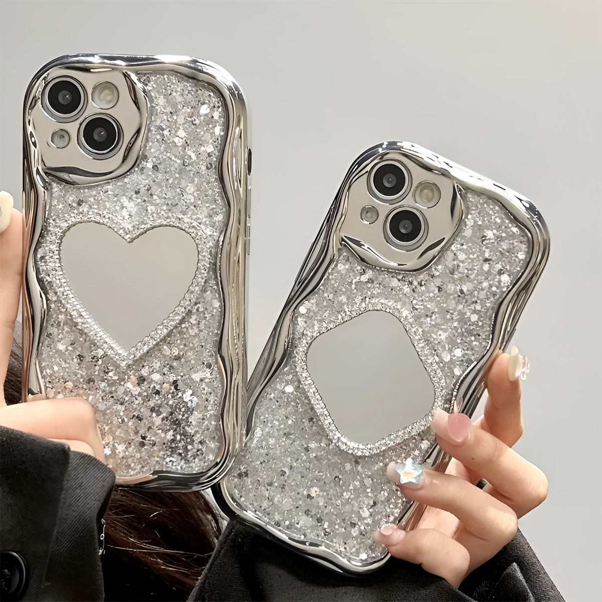 Silver gray TPU phone case with heart-shaped mirror insert for iPhone, high-flash epoxy finish