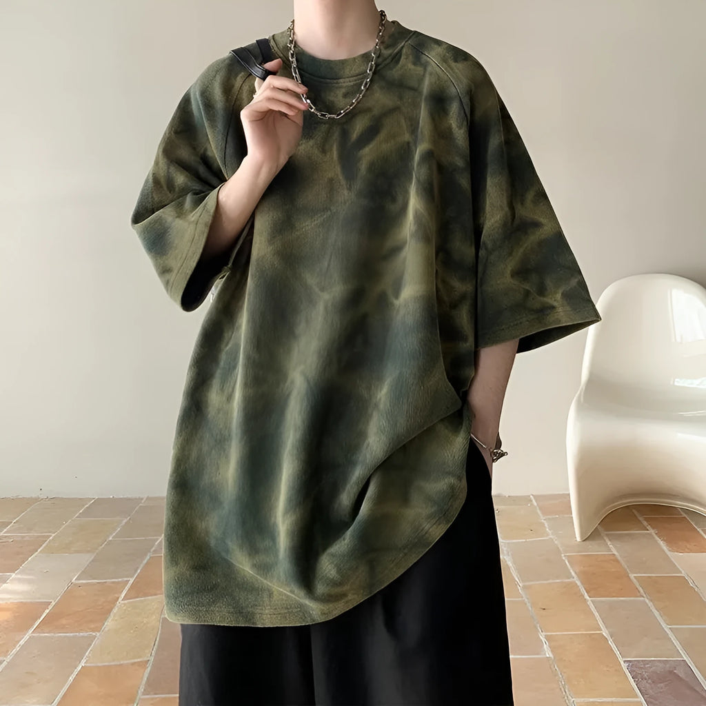 Retro loose fit men's short sleeve t-shirt in black and army green and purple colours