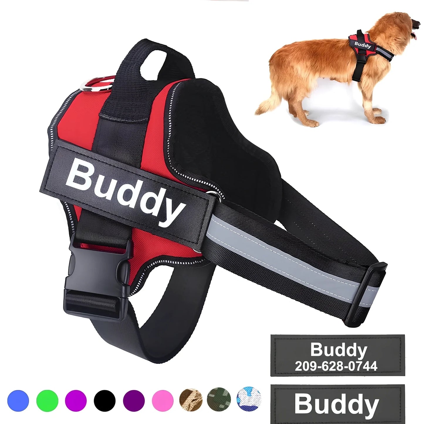 Adjustable nylon no-pull dog harness in black with reflective straps and custom patch, fits bust 25-120cm for small to large breeds