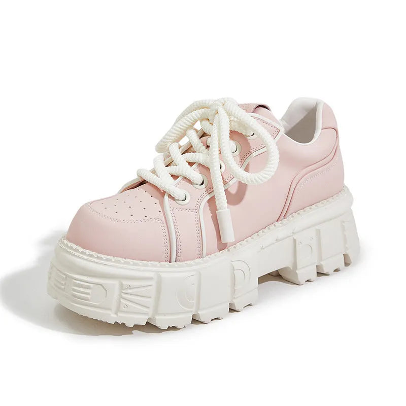 Women's beige leather casual shoes with muffin bottom design for height increase