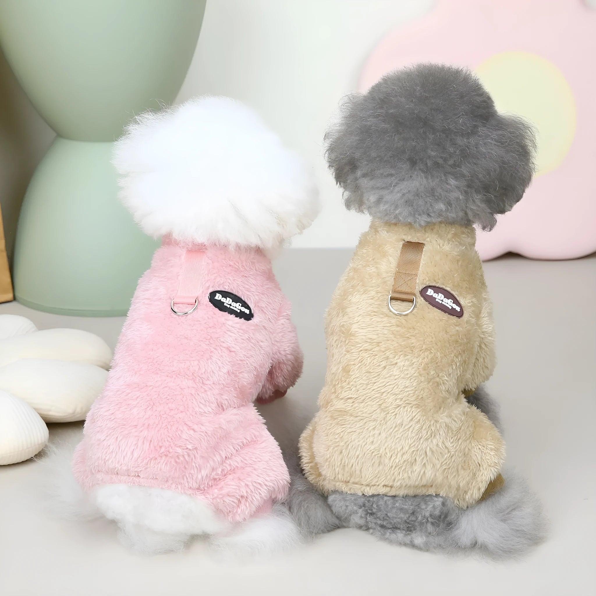 Small dog wearing a three-colour pull-ring four-leg fluffy coat in Brown, made from coral fleece