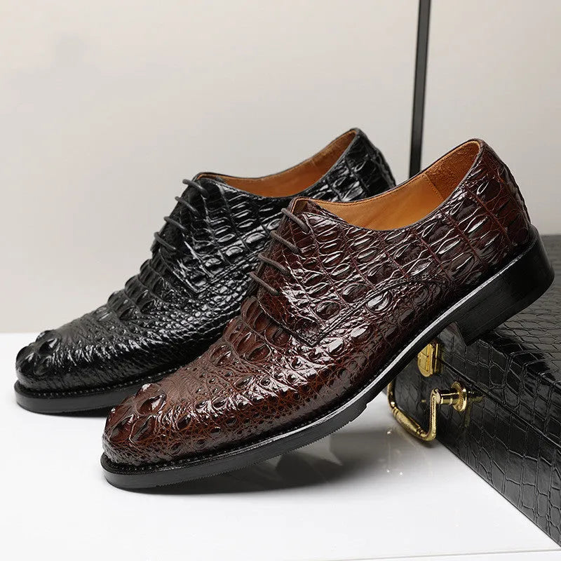 Handmade men's crocodile leather formal shoes with round toe, genuine leather sole, black colour, size 42