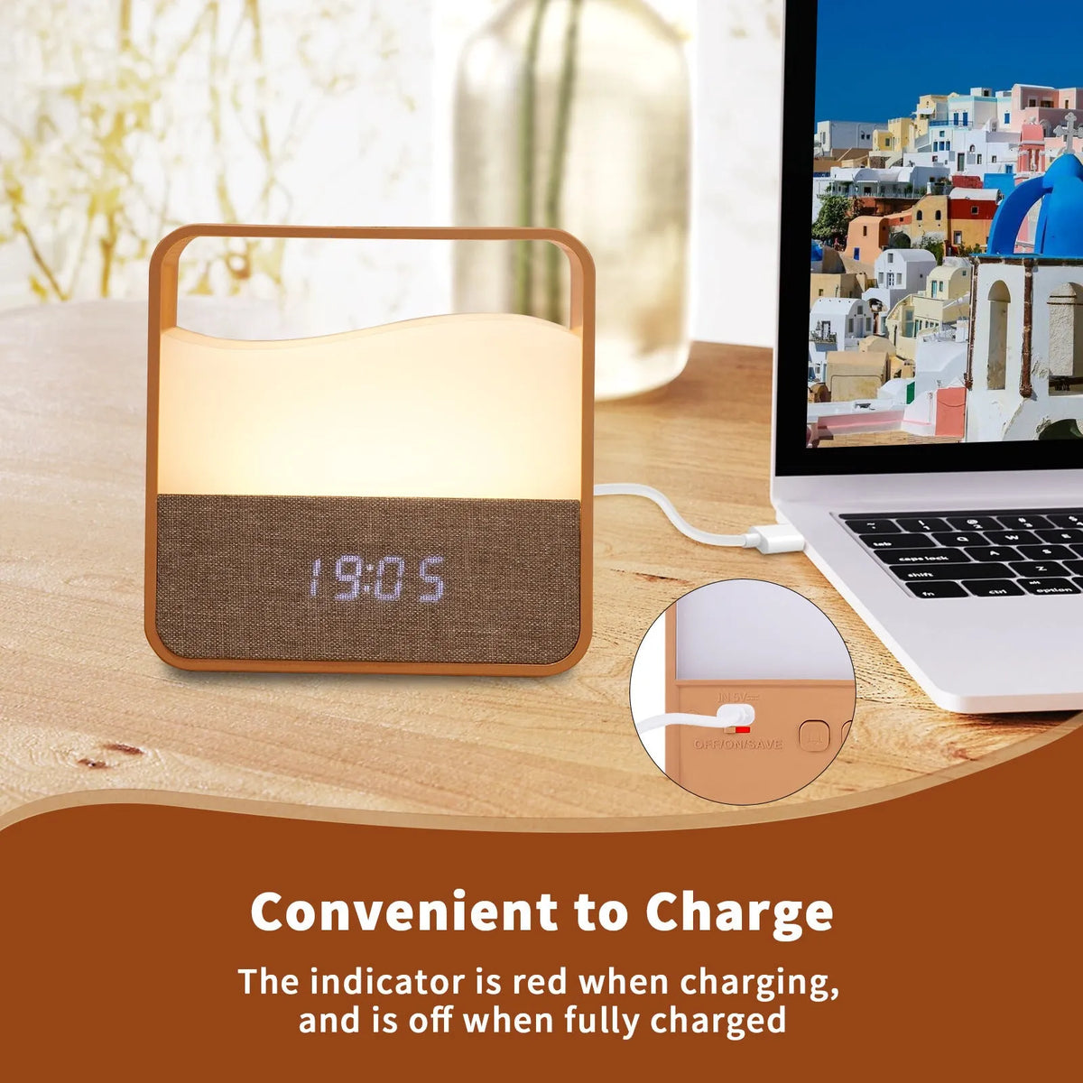 Wood grain remote control night lamp with warm white LED, 109x107x36mm, battery operated