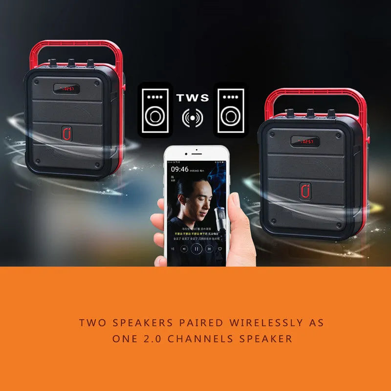 MS62AI black portable Bluetooth speaker with wireless microphone on table