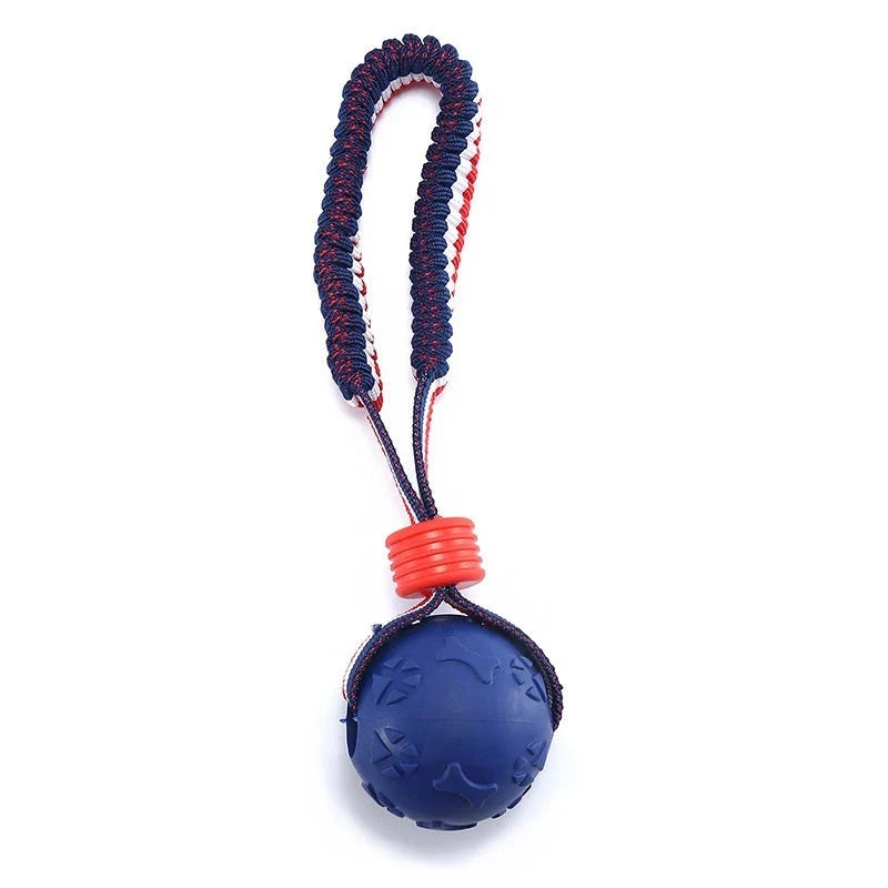Interactive dog toy ball with rope for teeth cleaning and training in various colors