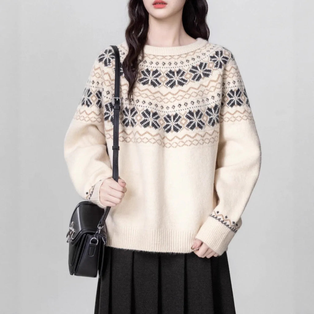 Women's Milky White vintage fair isle pullover sweater with geometric pattern, loose fit, and long sleeves.