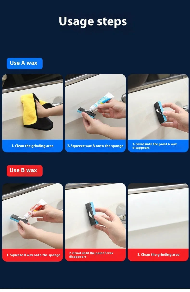Car repair wax kit with bottles of A and B wax and an abrasive sponge mop for scratch removal and polishing.