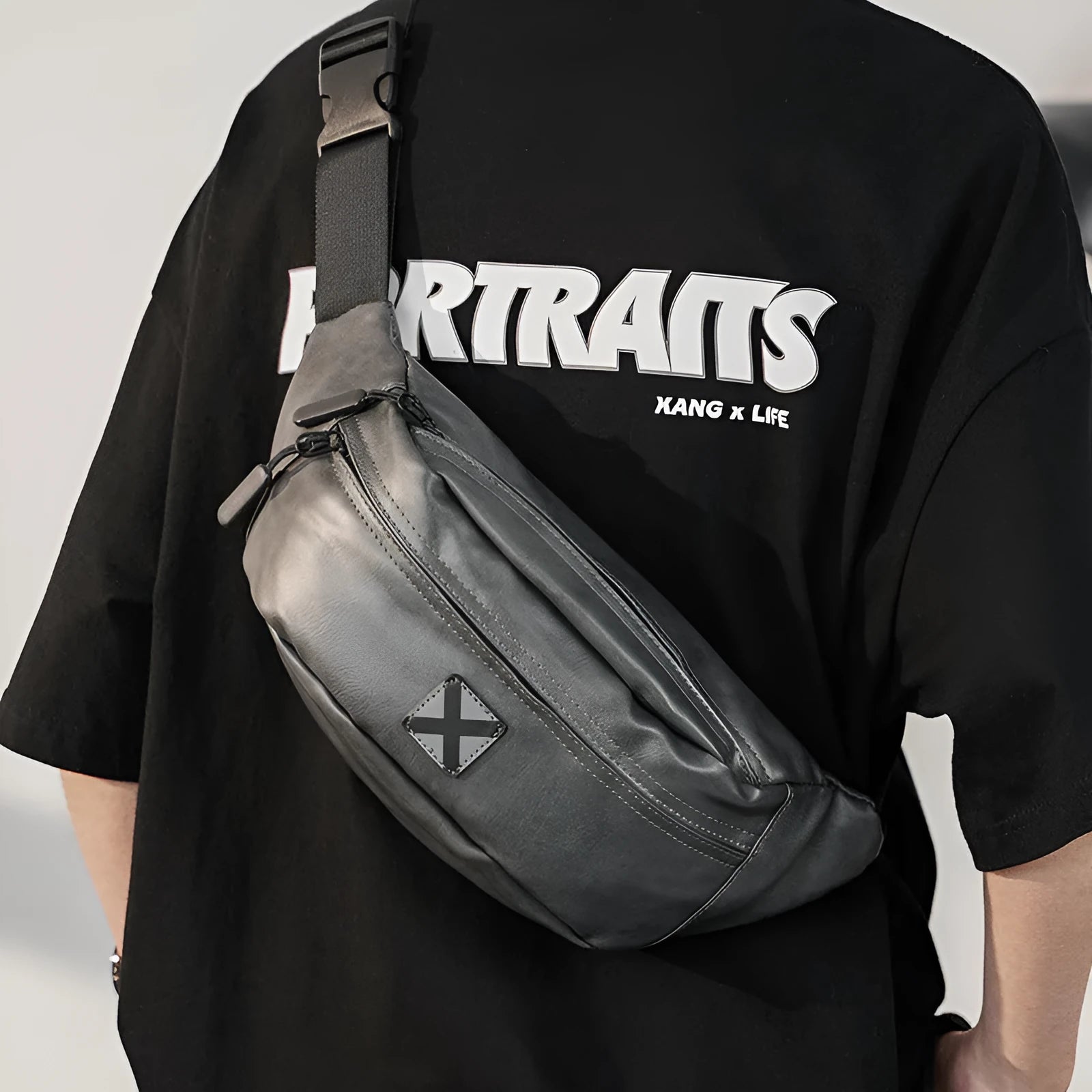 Korean men's waterproof PU shoulder bag in black crossbody style