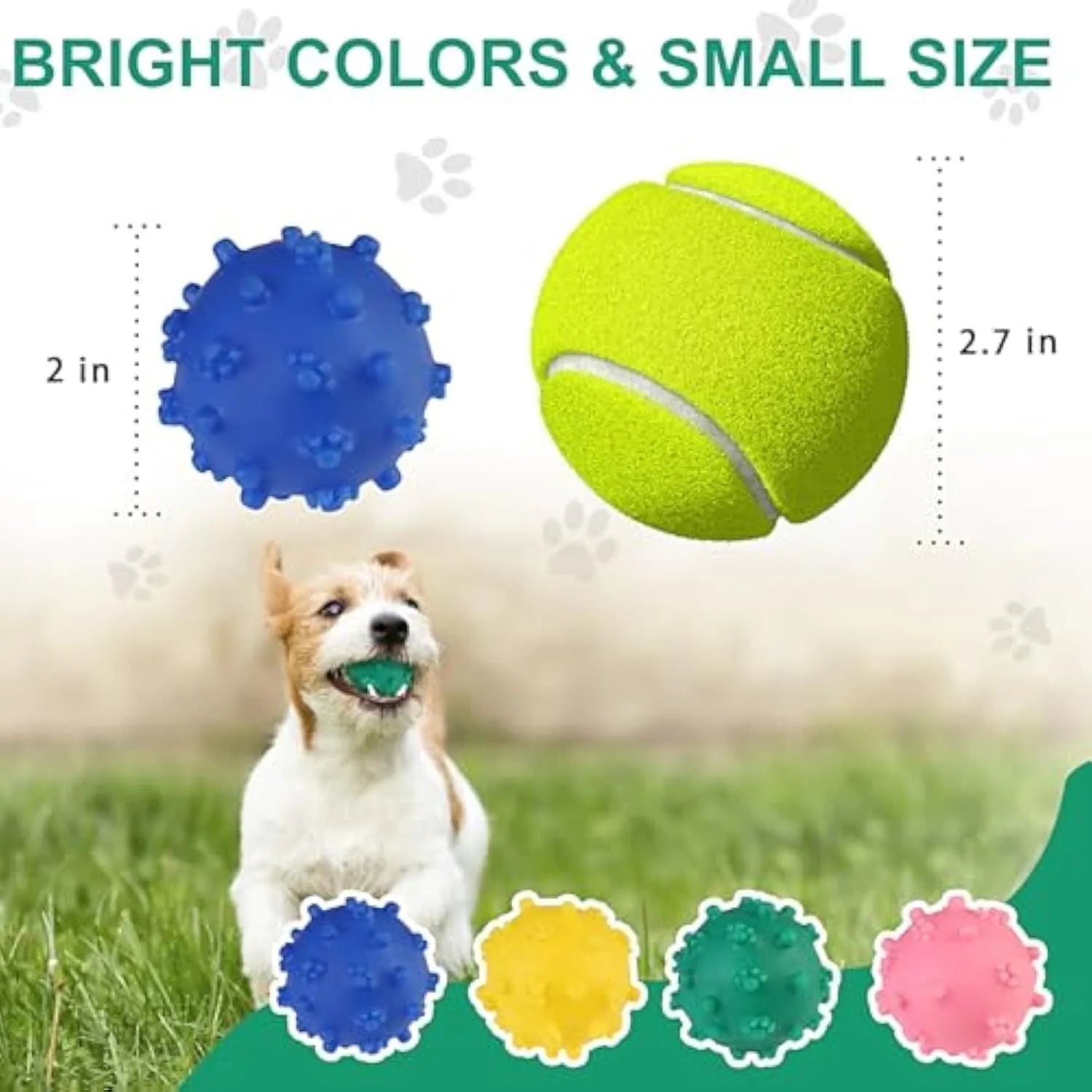 Set of bright blue, green, pink, and yellow spiked squeaky dog balls for small dogs on a lawn.