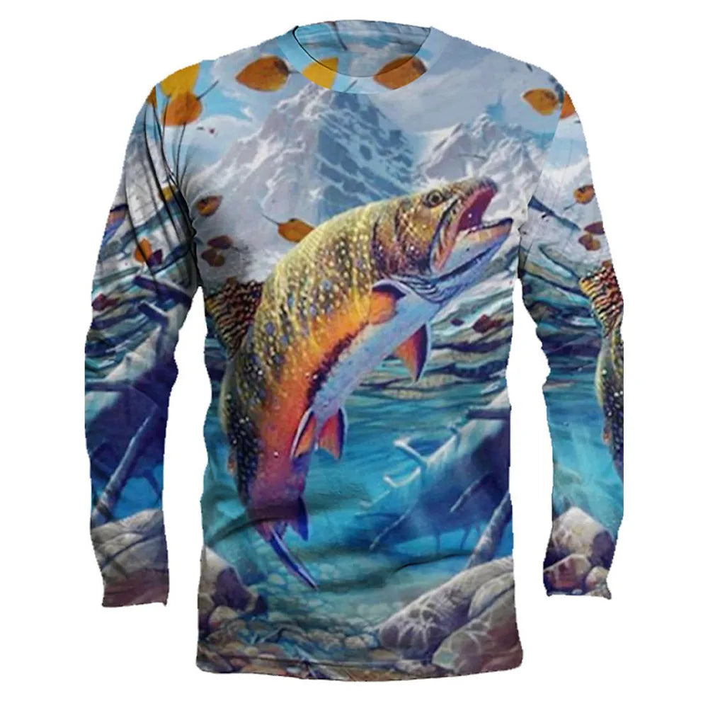 Men's grey pullover with a printed fish design on the front, showing round neck and long sleeves.
