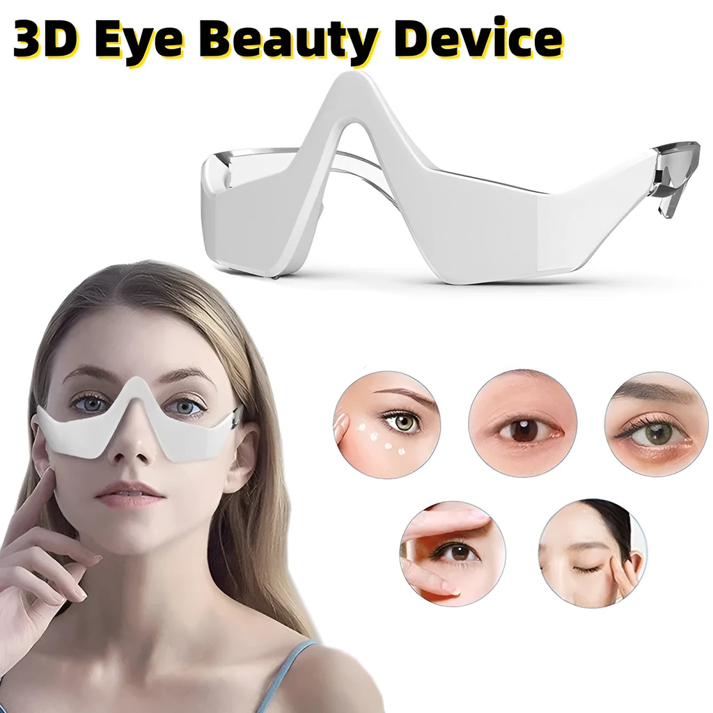 Pink and white micro-current eye massager with glasses-style frame on a grey background.