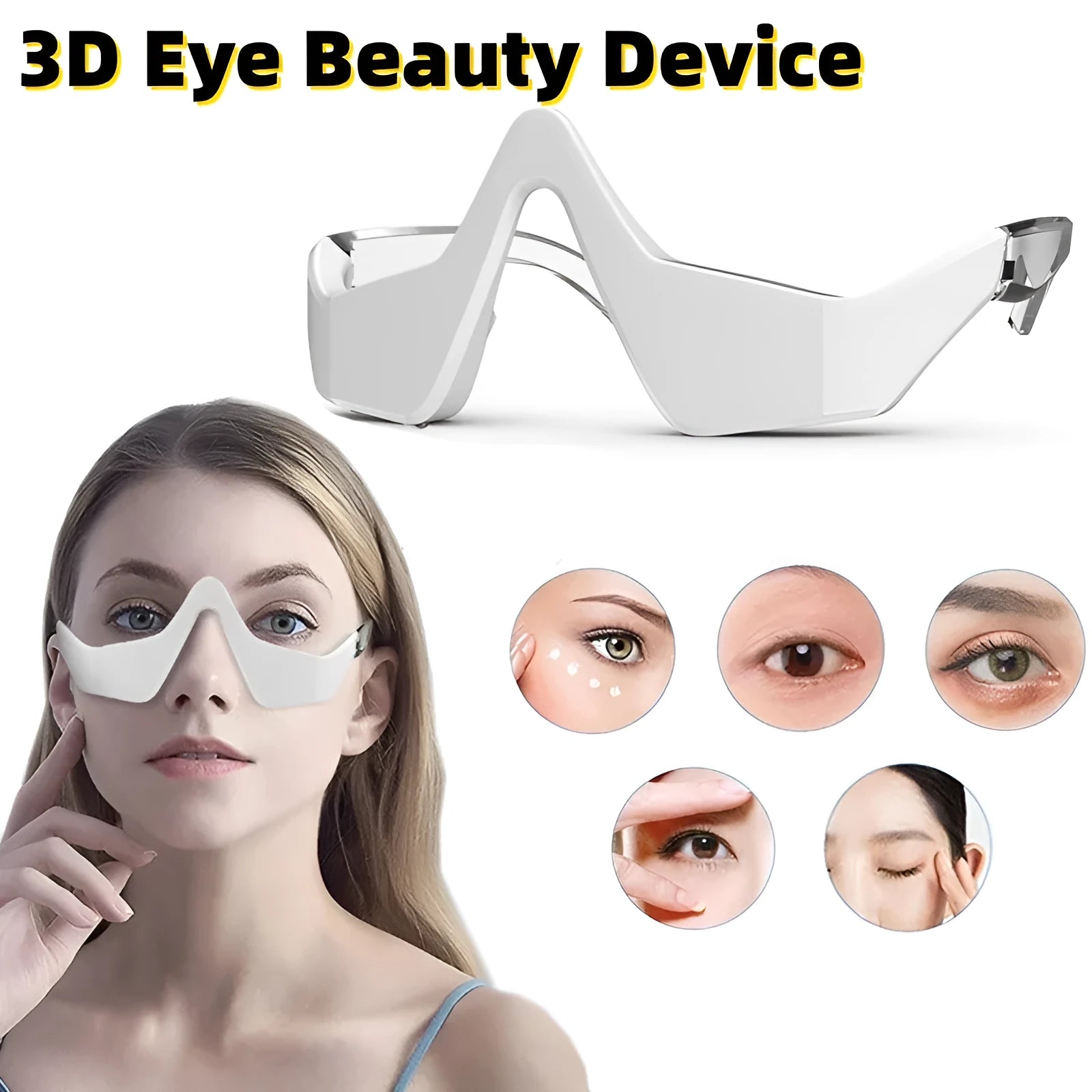 Pink and white micro-current eye massager with glasses-style frame on a grey background.