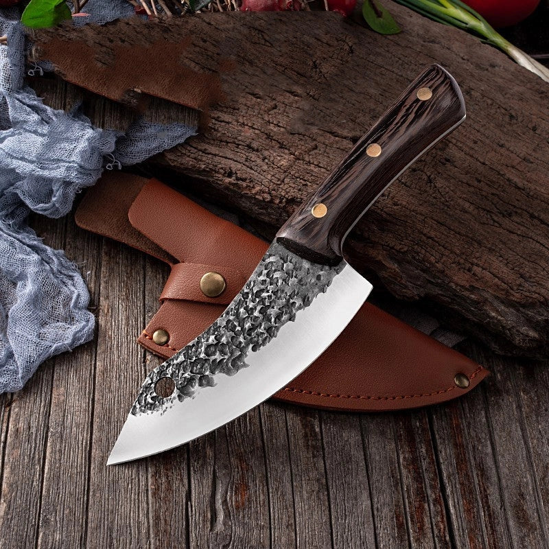MCD108 small vegetable knife with forged leather sheath, 5Cr15 martensitic steel blade, and solid wood handle