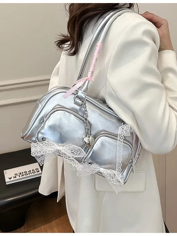Large capacity horizontal square PU leather shoulder bag with double straps and phone compartment