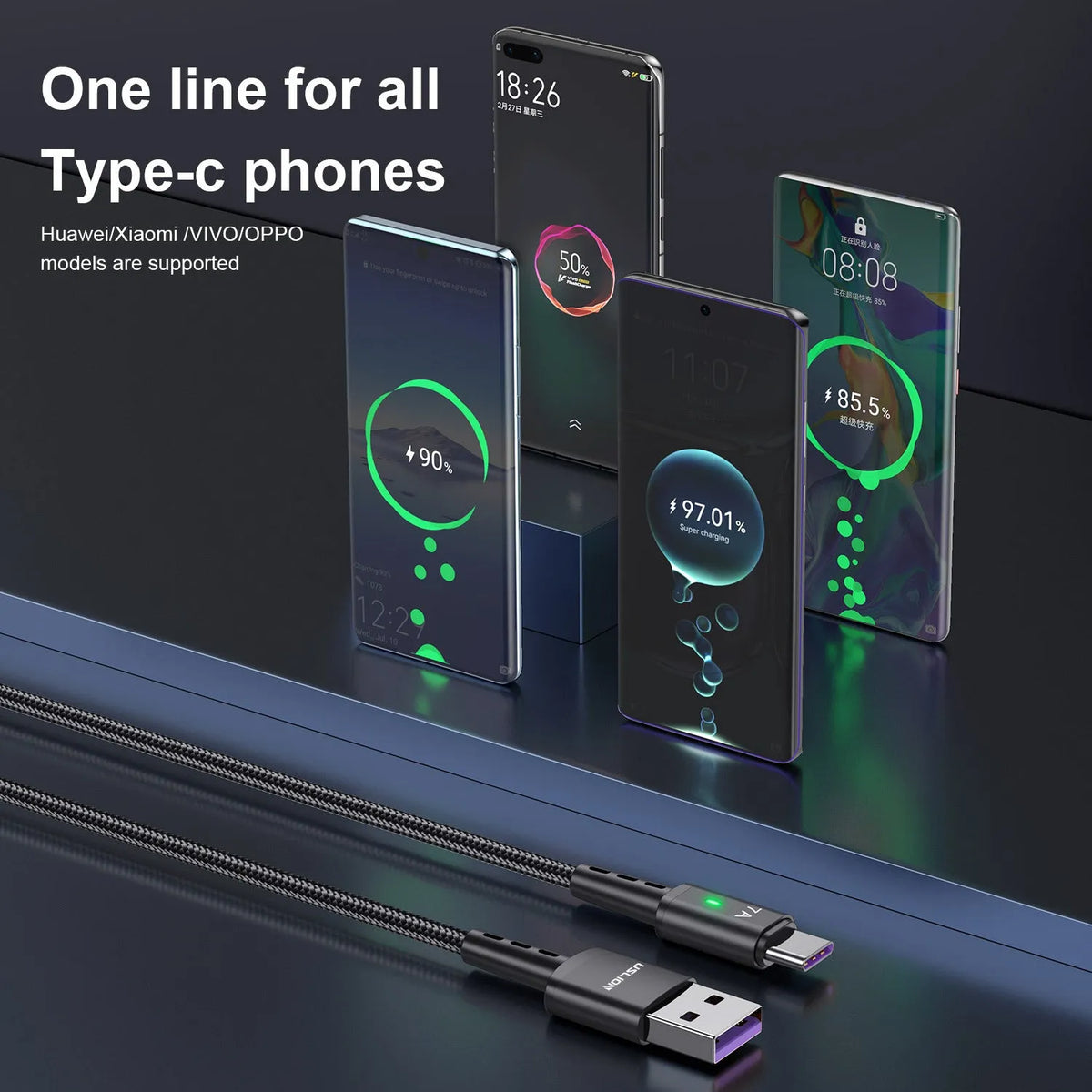 Braided Type-C charging cable with aluminium alloy connector, 2m length, in black colour