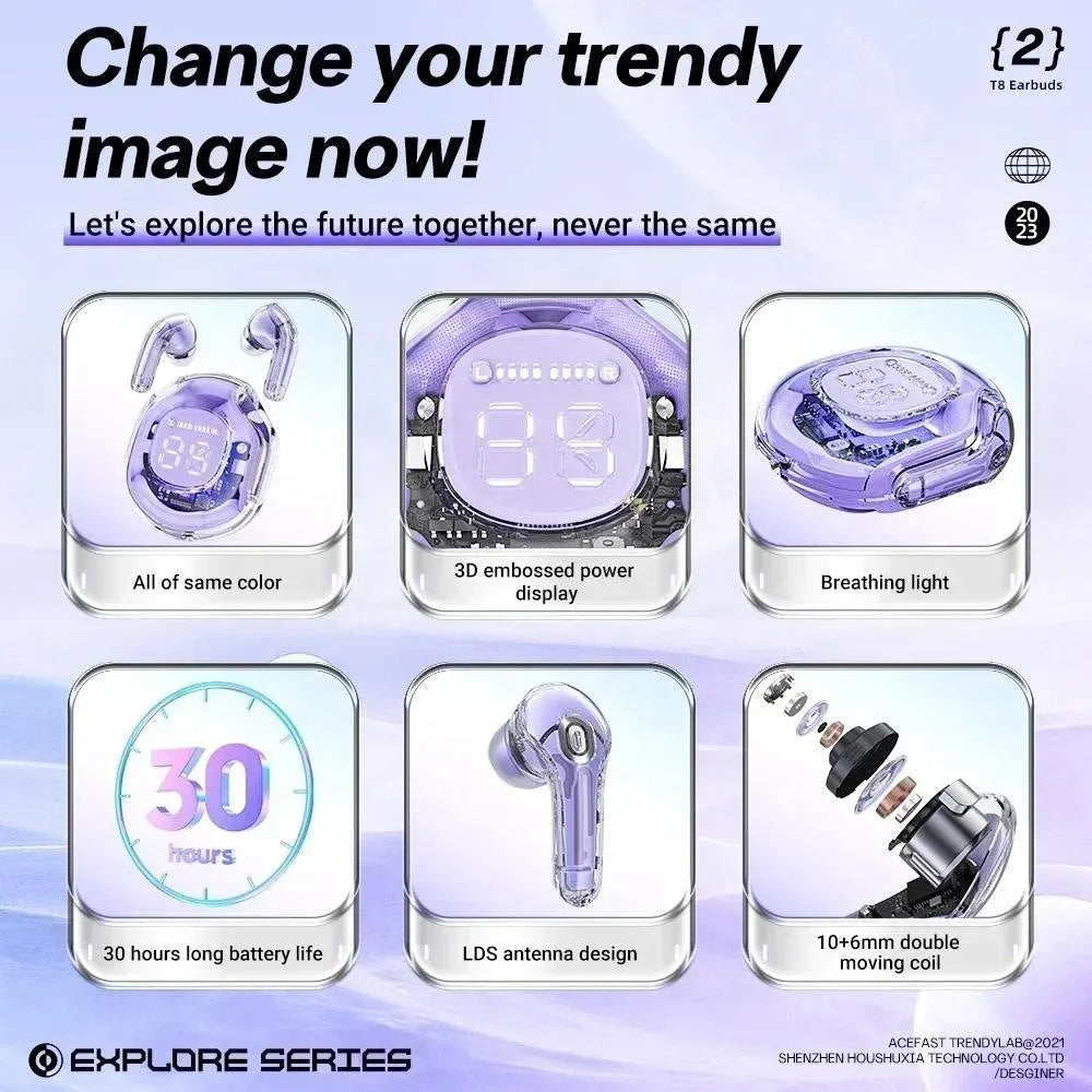 Transparent wireless Bluetooth in-ear headset shown in multiple colours against a plain background.