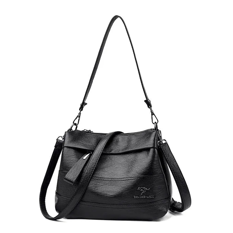 Women's PU leather shoulder messenger bag with double straps, splicing detail, available in multiple colours including yellow and black