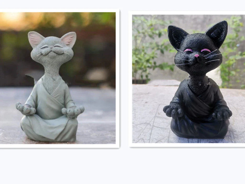 Charming ceramic Buddha cat figurine in black, grey, and orange colors for meditation, yoga, and home decor