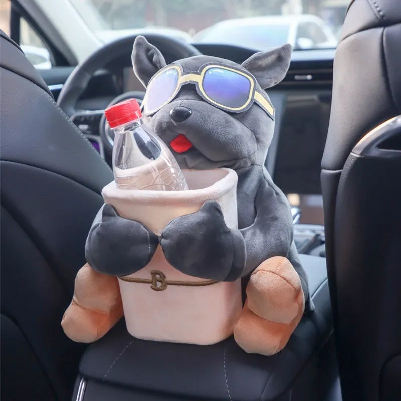 Plush hanging car tissue box organiser for the centre armrest in a choice of designs