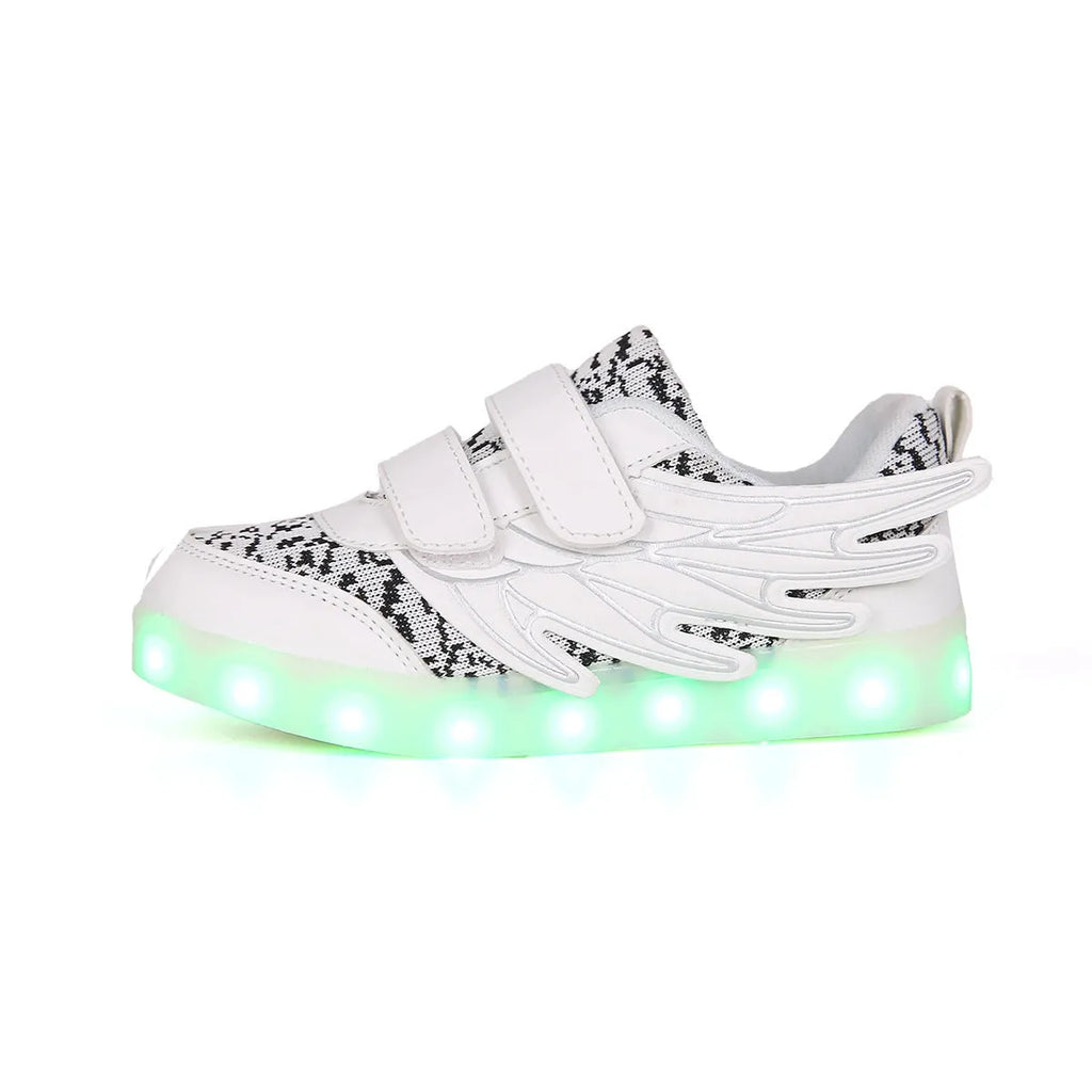 Children's plum red and white LED light-up sneakers with colourful luminous soles and USB charging port.