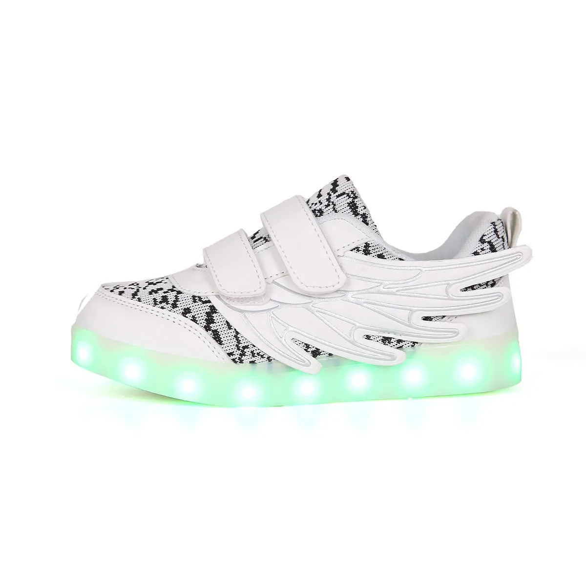 Children's plum red and white LED light-up sneakers with colourful luminous soles and USB charging port.