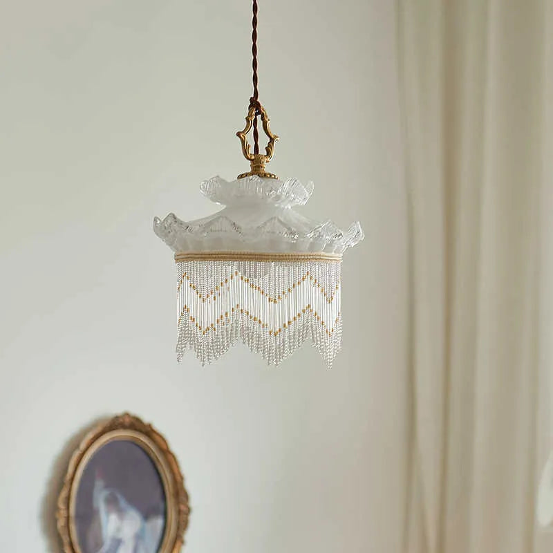 Copper and glass chandelier with tassel droplight for dining room or hallway