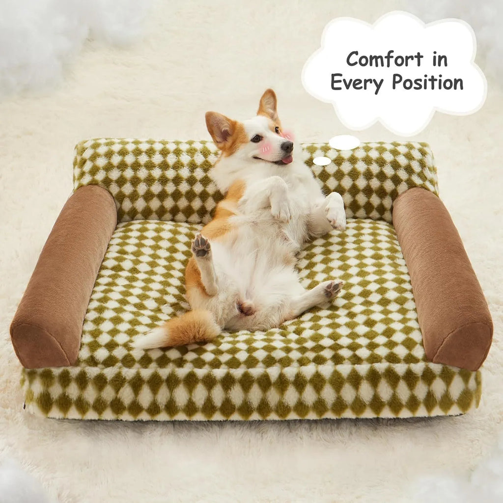 Checkered pattern pet sofa bed for a cat, showing removable cover and non-slip bottom.