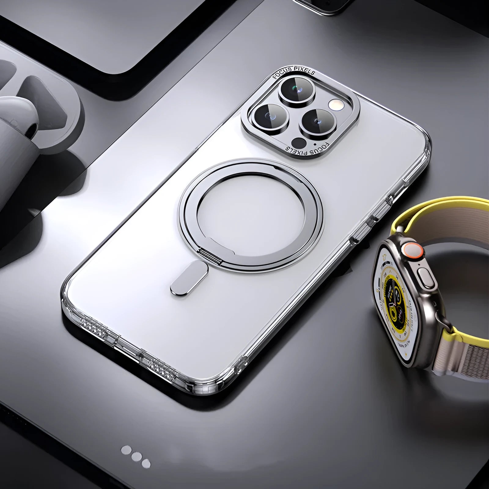 Transparent magnetic suction phone case for iPhone models on a metallic surface.