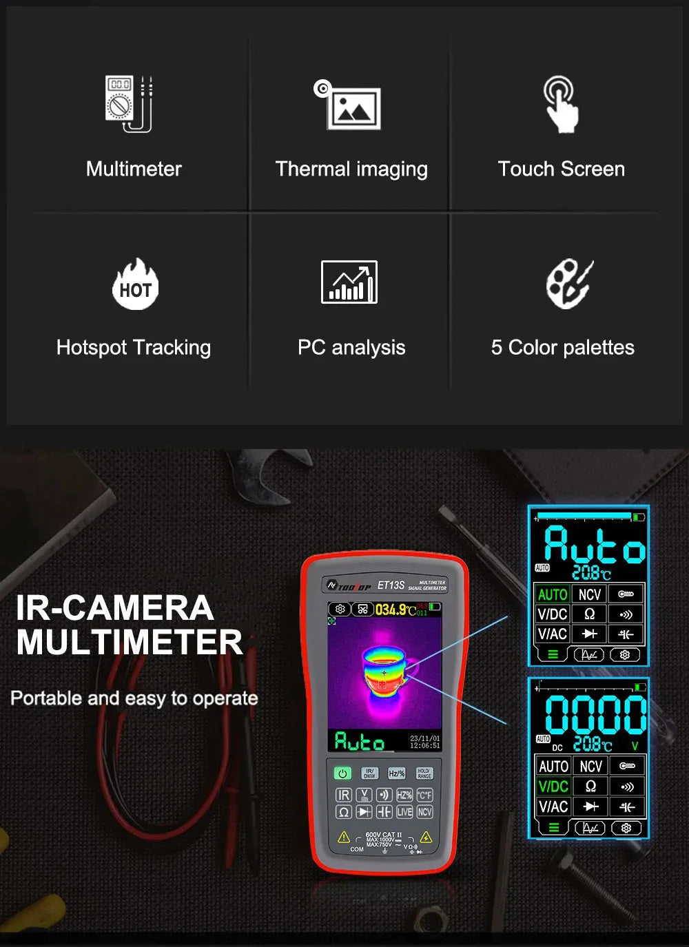 ET13S thermal imaging multimeter with 2.8-inch touchscreen display showing thermal pattern