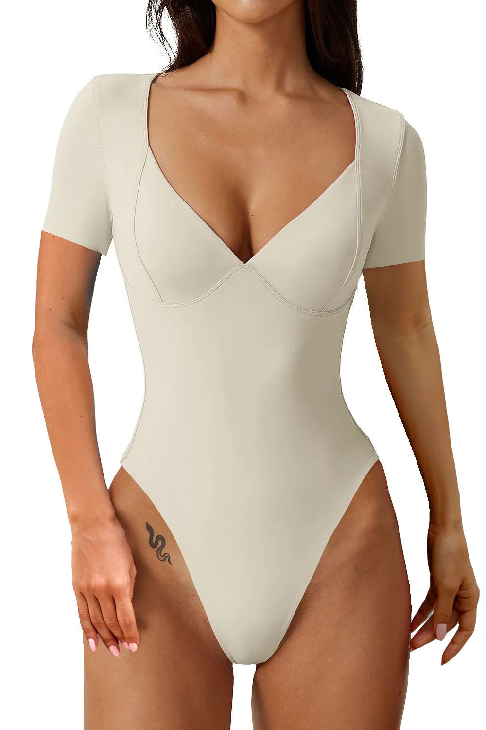 Women's V-Neck Short Sleeve Bodysuit with seamed cup for a flattering fit