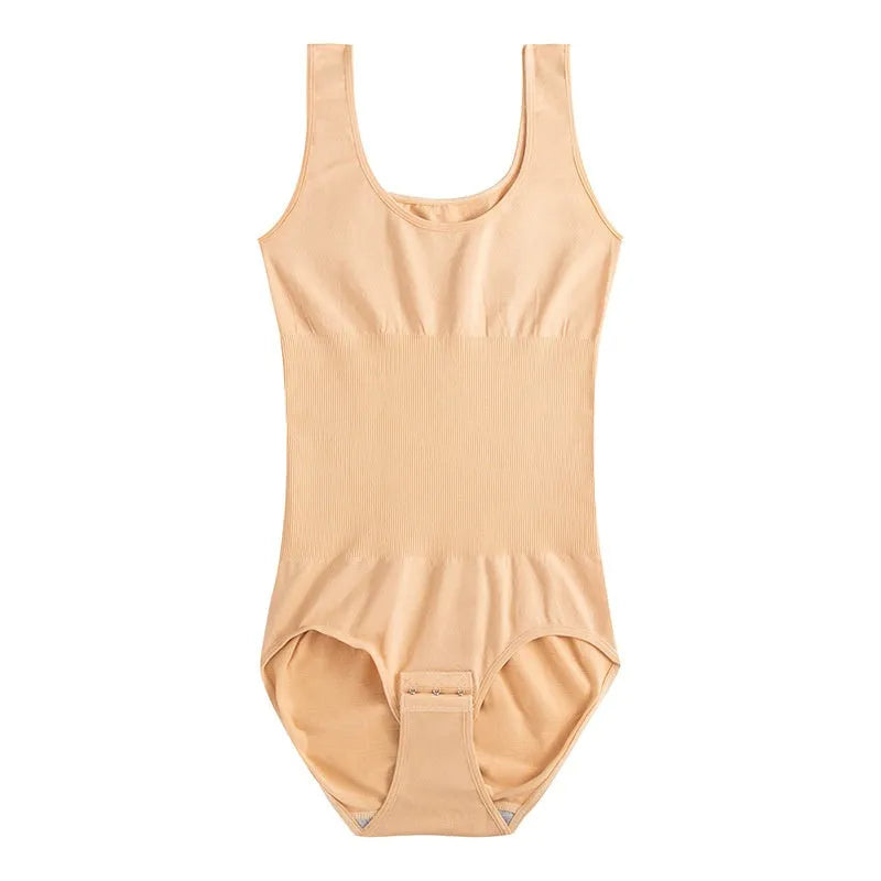 Seamless nylon corset bodysuit for women in apricot colour, showing one-piece shapewear design.