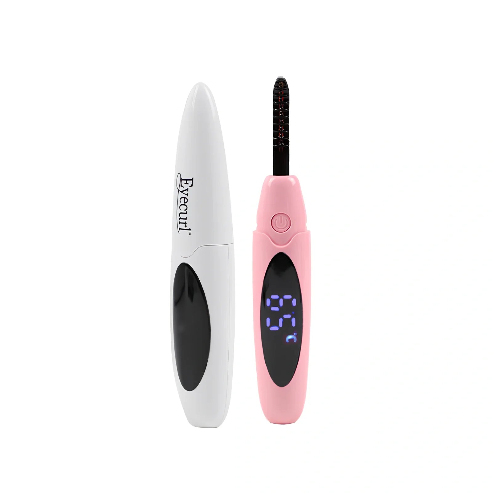 Pink USB-charged electric eyelash curler with curved brush head and LED indicator