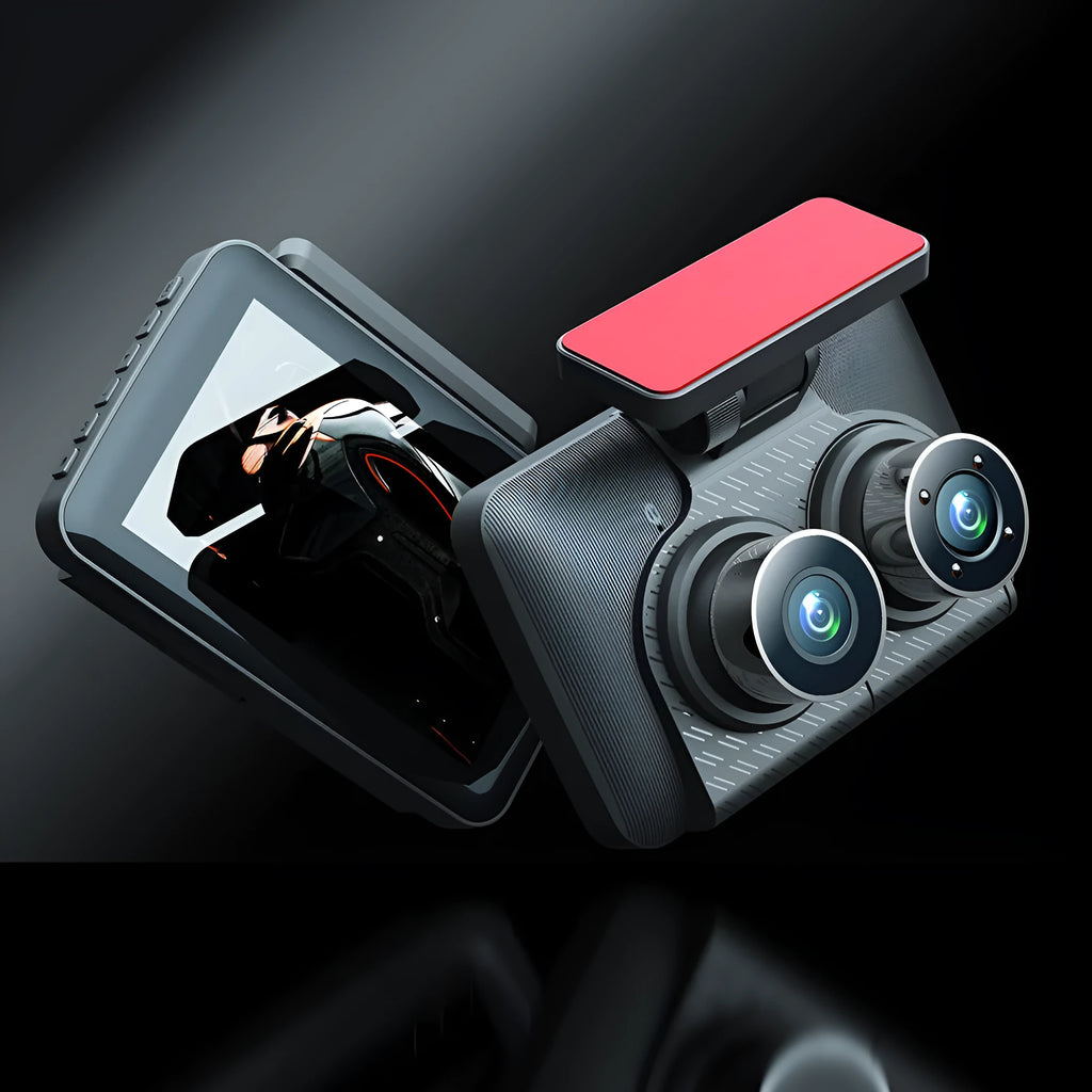 4 inch black dashcam with touch screen showing 1080P HD recording and infrared night vision display