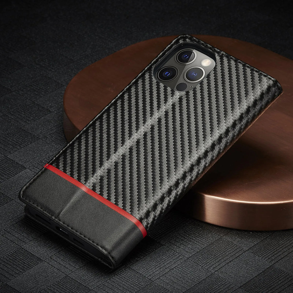 Leather carbon fiber magnetic flip phone case for iPhone 15 in horizontal colour, handmade PU TPU protective cover