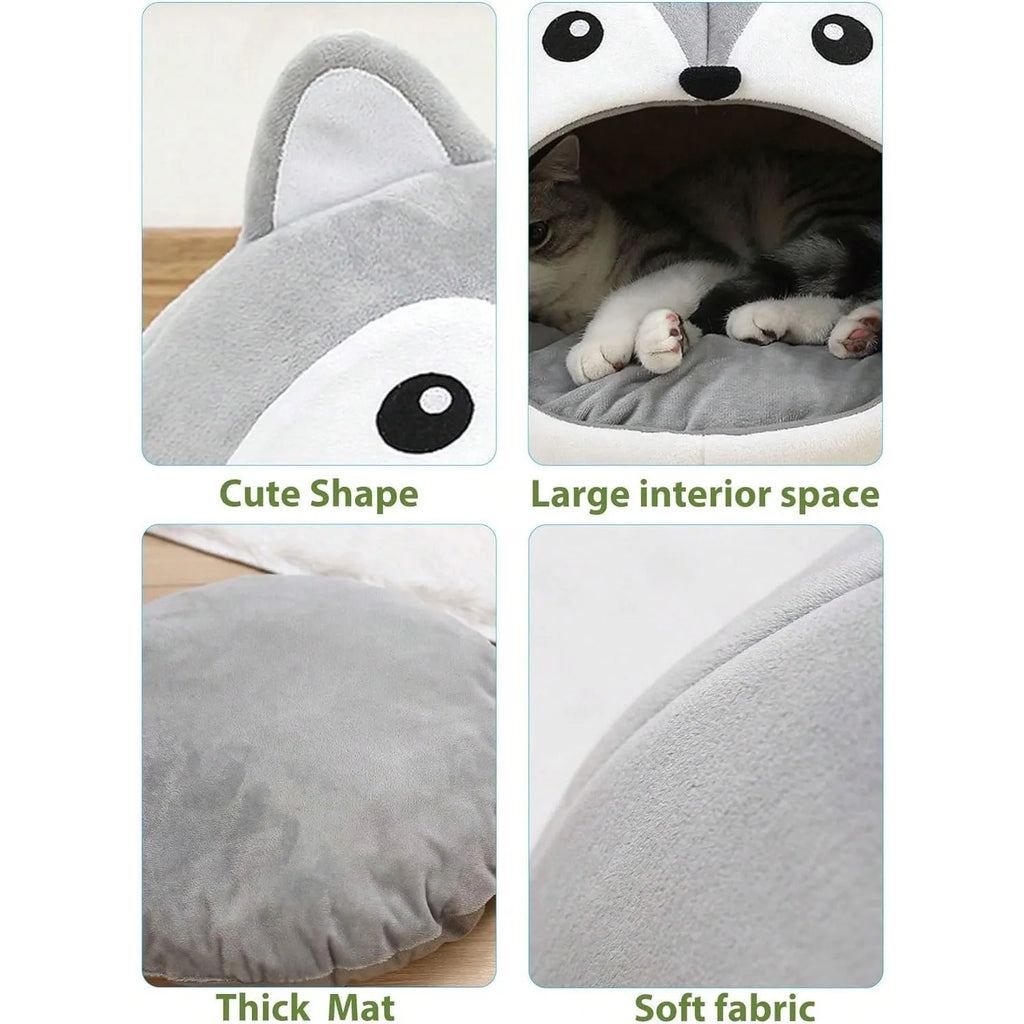 Fox-shaped indoor pet cushion in cloth with removable cushion, available in sizes S, M, L