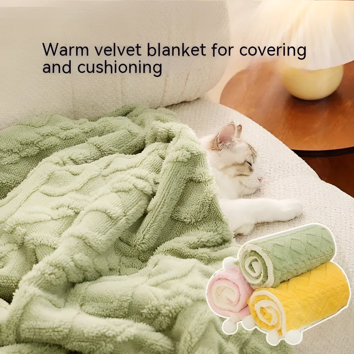 Pet blanket Ins style solid colour cloth floor mat for dogs cats in light green on wooden floor