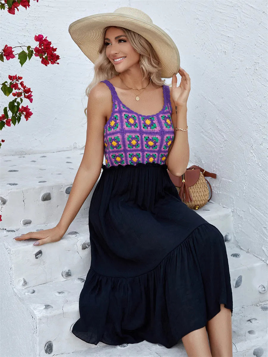 Purple sleeveless dress with detailed hand-hooked flower stitching on the fabric.