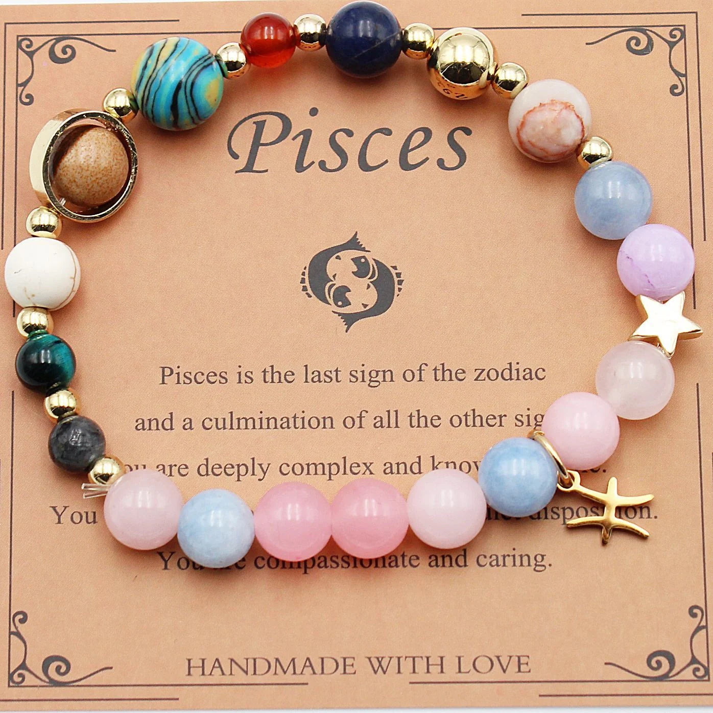 Morgan Stone beaded bracelet with twelve constellation designs, showcasing personalised zodiac signs.