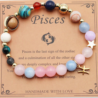 Morgan Stone beaded bracelet with twelve constellation designs, showcasing personalised zodiac signs.
