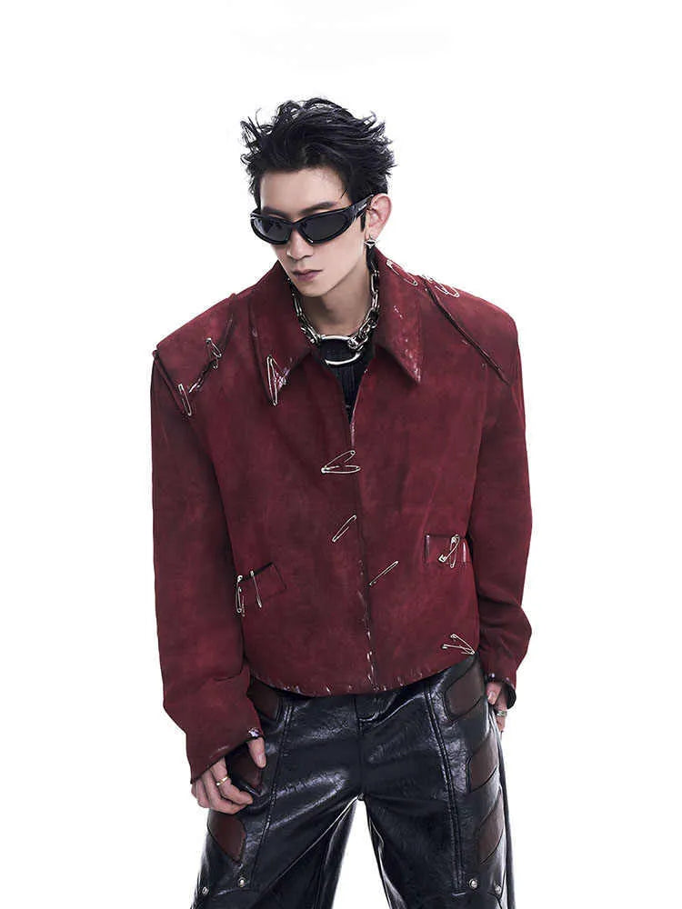Men's red thick quilted jacket with fluffy flocking decorative pins and lapel collar