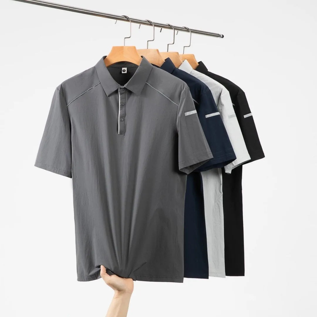 Men's loose fit short sleeve t-shirt with a stand collar and colour stitching detail in a classic colour.
