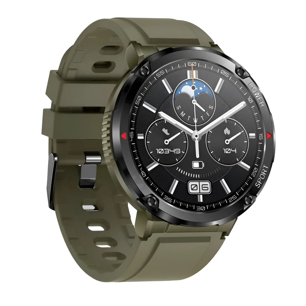 T30 smart watch with black silicone strap showing IPS screen displaying heart rate data.