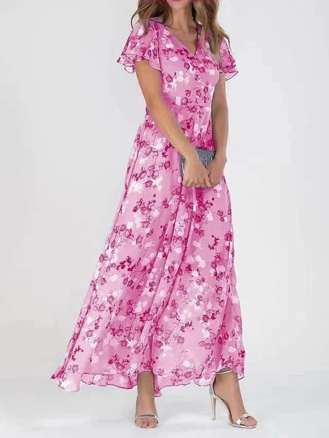 Floral print V-neck A-line dress with ruffle sleeves for women