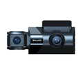 Black car dashboard camera with 5-inch screen, GPS antenna, and front/rear recording capability