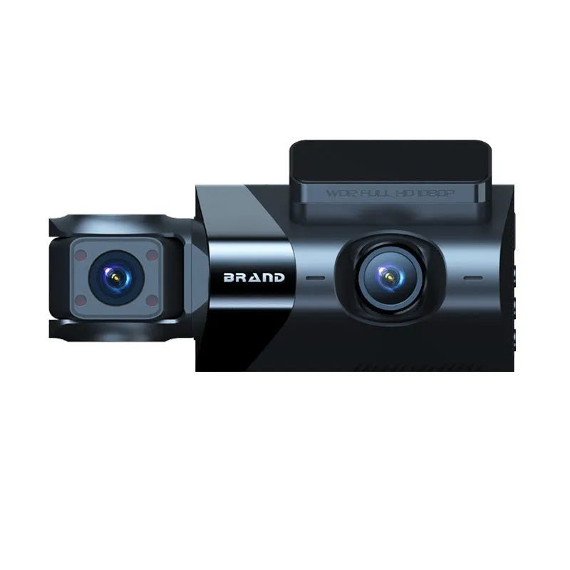 Black car dashboard camera with 5-inch screen, GPS antenna, and front/rear recording capability