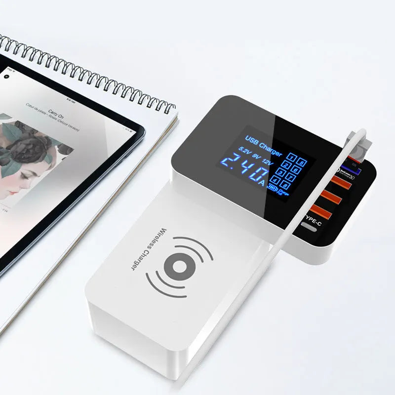 White multi USB port fast wall charger with integrated 10W wireless charging pad and UK, EU, US travel plug adapters