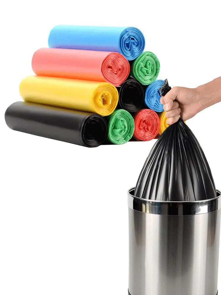 Roll of large black thickened plastic kitchen bin bags, 50cm by 60cm with flat-mouth opening