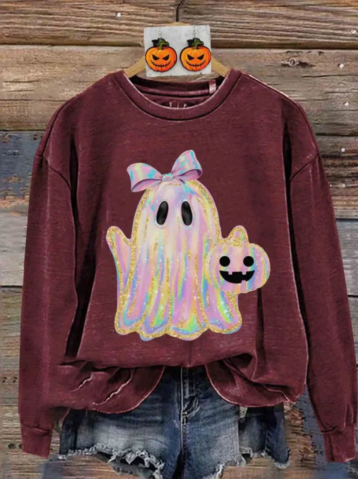 Women's grey Halloween sweatshirt with raised orange pumpkin 3D print, crew neck, long sleeves