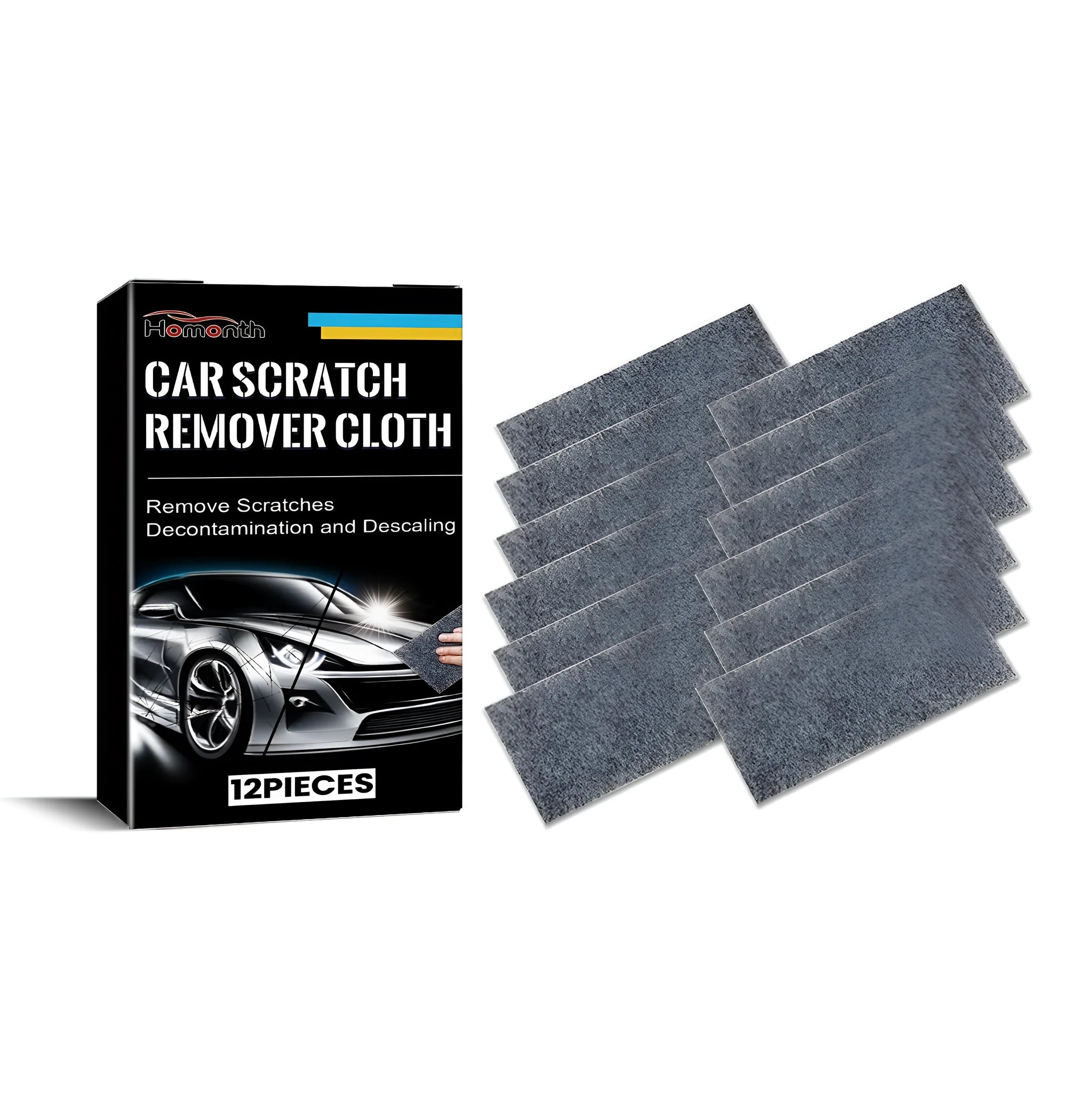 12 pack of white car scratch remover cloths, each measuring 10 by 20 centimetres.