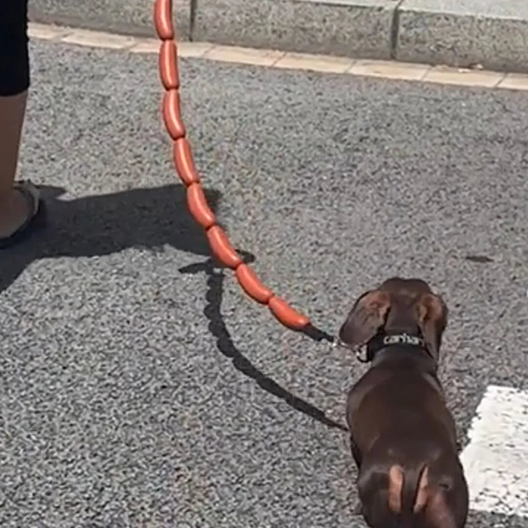 Brown dog rope toy with sausage segments and hand grip measuring 108cm length